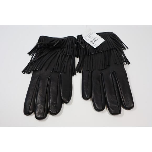 Bloomingdale's Black Genuine Leather Fringe Gloves With 100% Cashmere Lining 8.5 - Picture 2 of 5